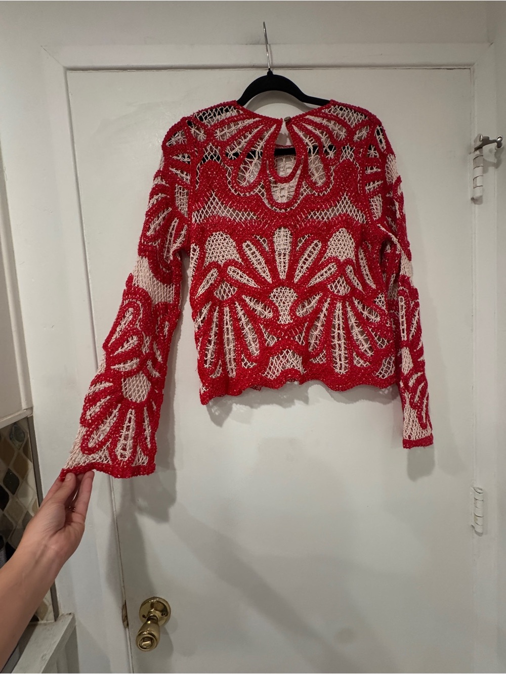 NWT Solitaire by Ravi Khosla Red & Cream Crochet Knit Blouse - Picture 6 of 6